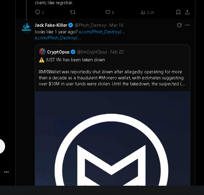 @Phish_Destroy quoting CryptOpus thread from February 22 2026: XMRWallet was reportedly shut down after operating for over a decade as a fraudulent Monero wallet, with $10M+ in user funds stolen.
