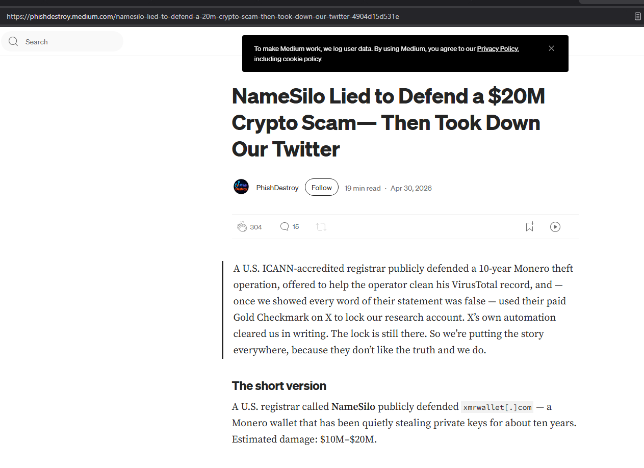 Medium article: NameSilo Lied to Defend a $20M Crypto Scam